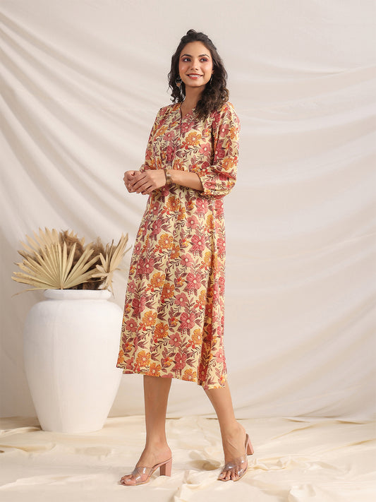 YELLOW PURE COTTON FLORAL DRESS