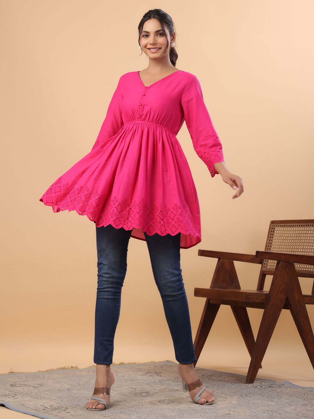 PINK SOLID V-NECK TUNIC