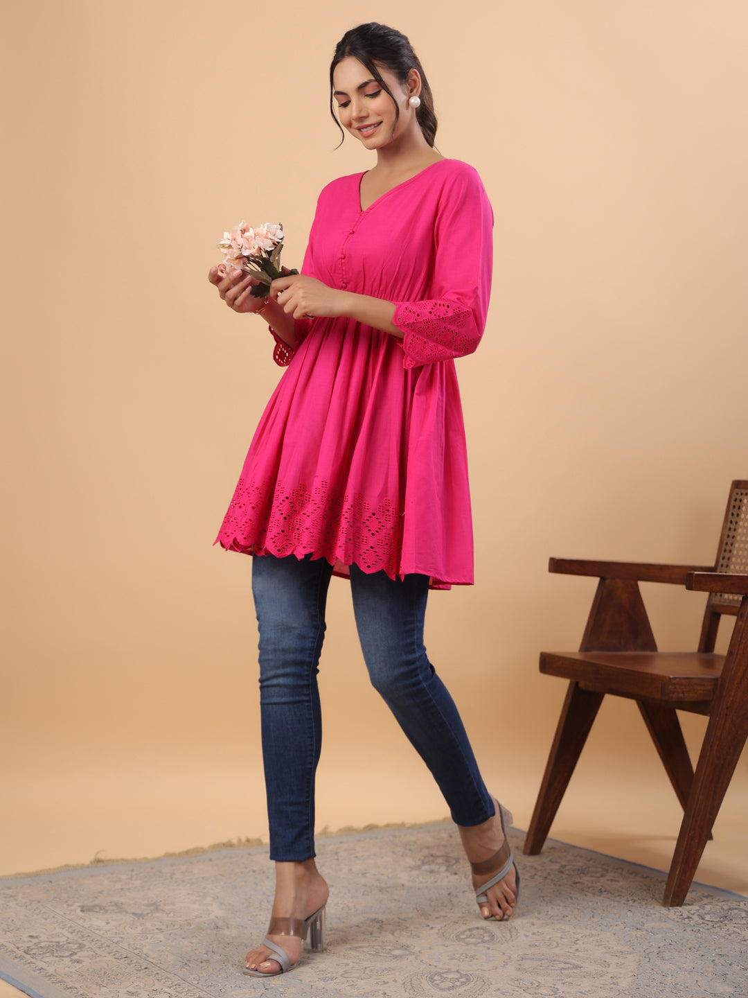 PINK SOLID V-NECK TUNIC