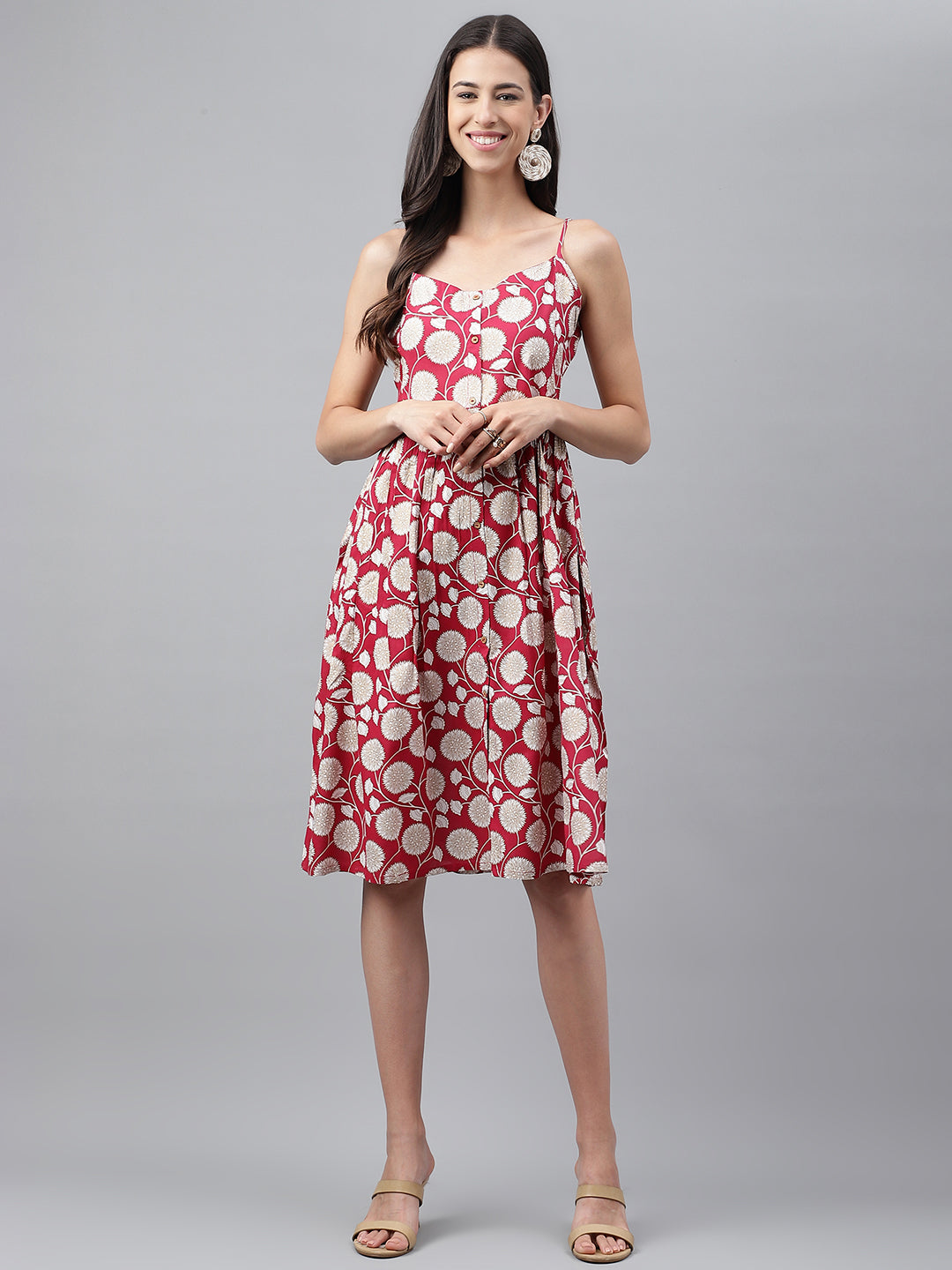 RED RAYON BOTANICAL PRINTED GATHERED DRESS