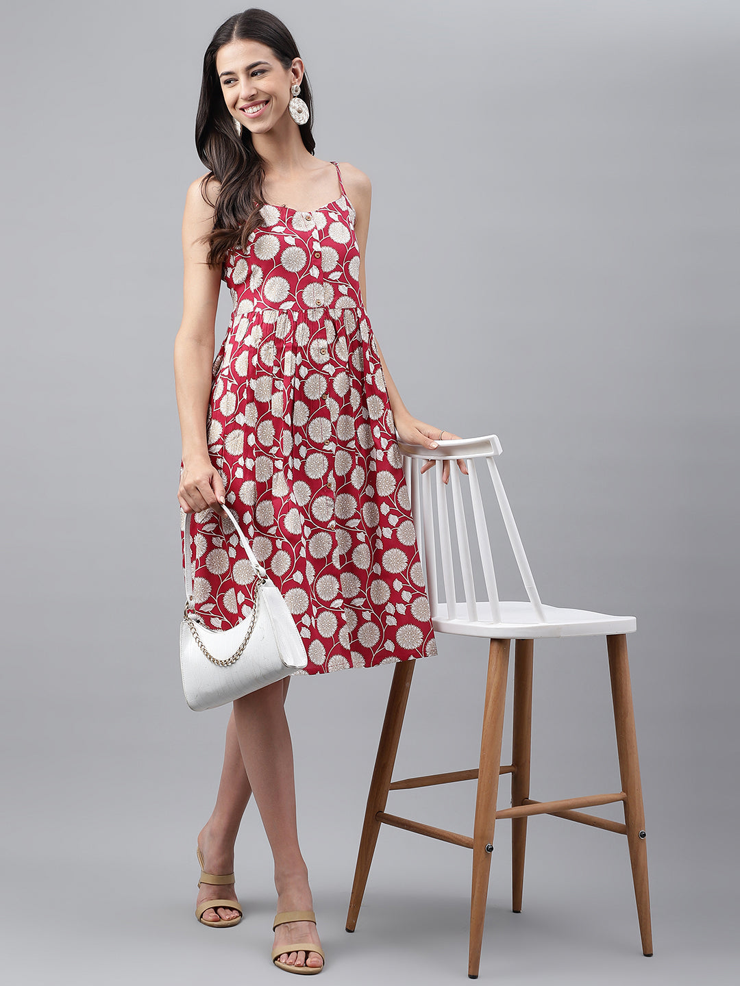 RED RAYON BOTANICAL PRINTED GATHERED DRESS