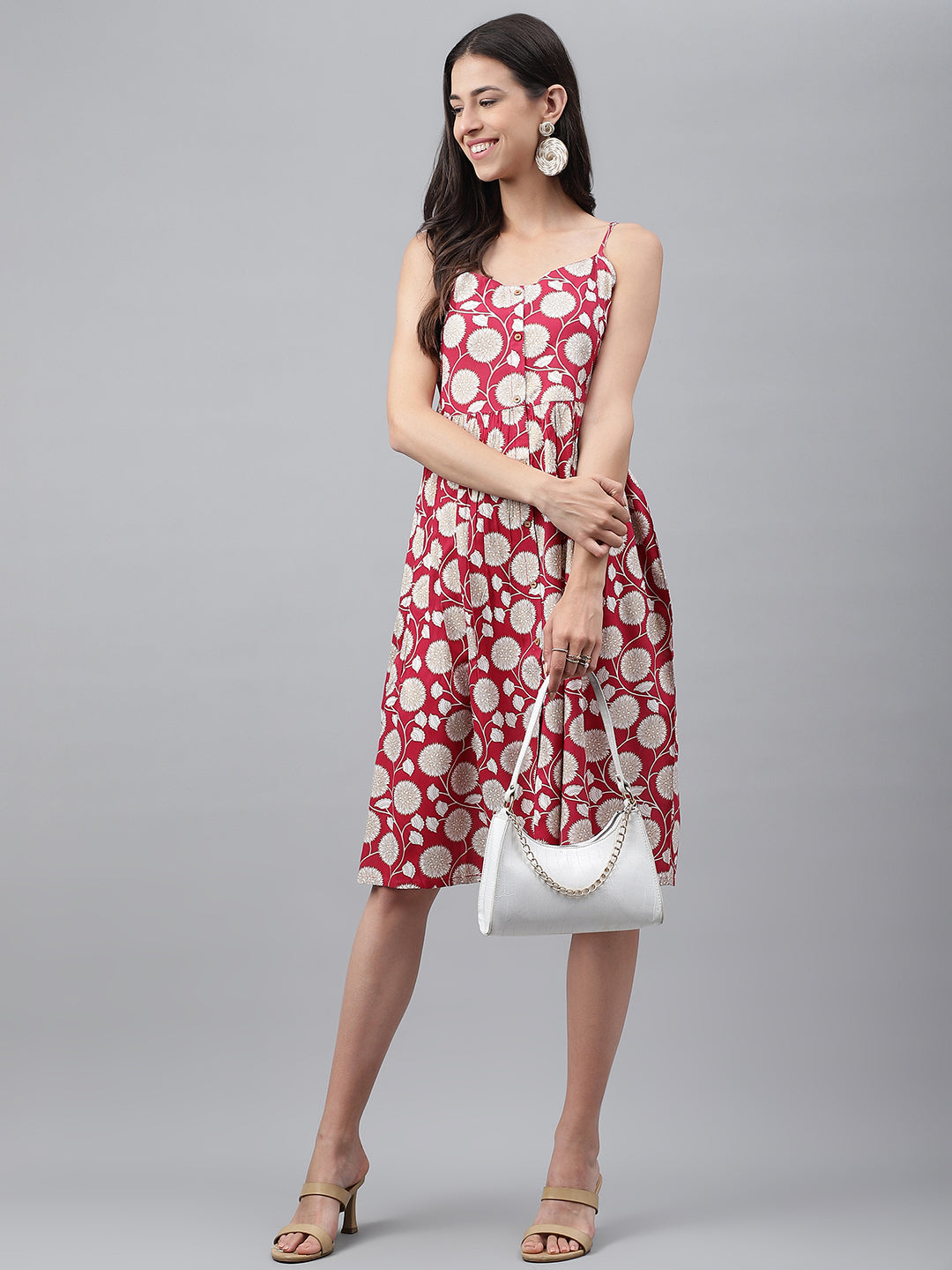 RED RAYON BOTANICAL PRINTED GATHERED DRESS