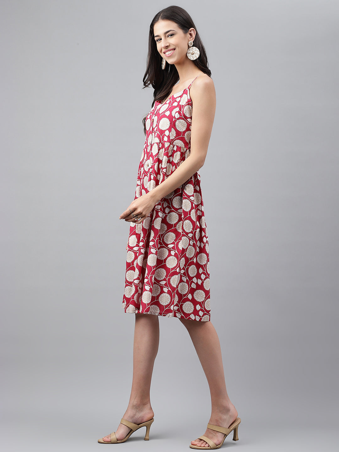 RED RAYON BOTANICAL PRINTED GATHERED DRESS