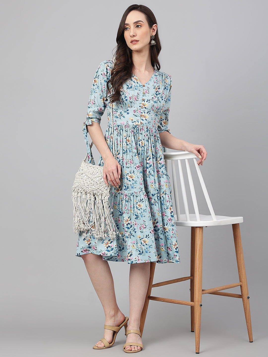 BLUE CREPE DIGITAL PRINT FLARED WESTERN DRESS