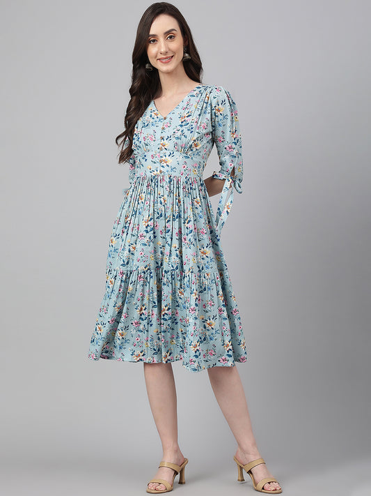 BLUE CREPE DIGITAL PRINT FLARED WESTERN DRESS