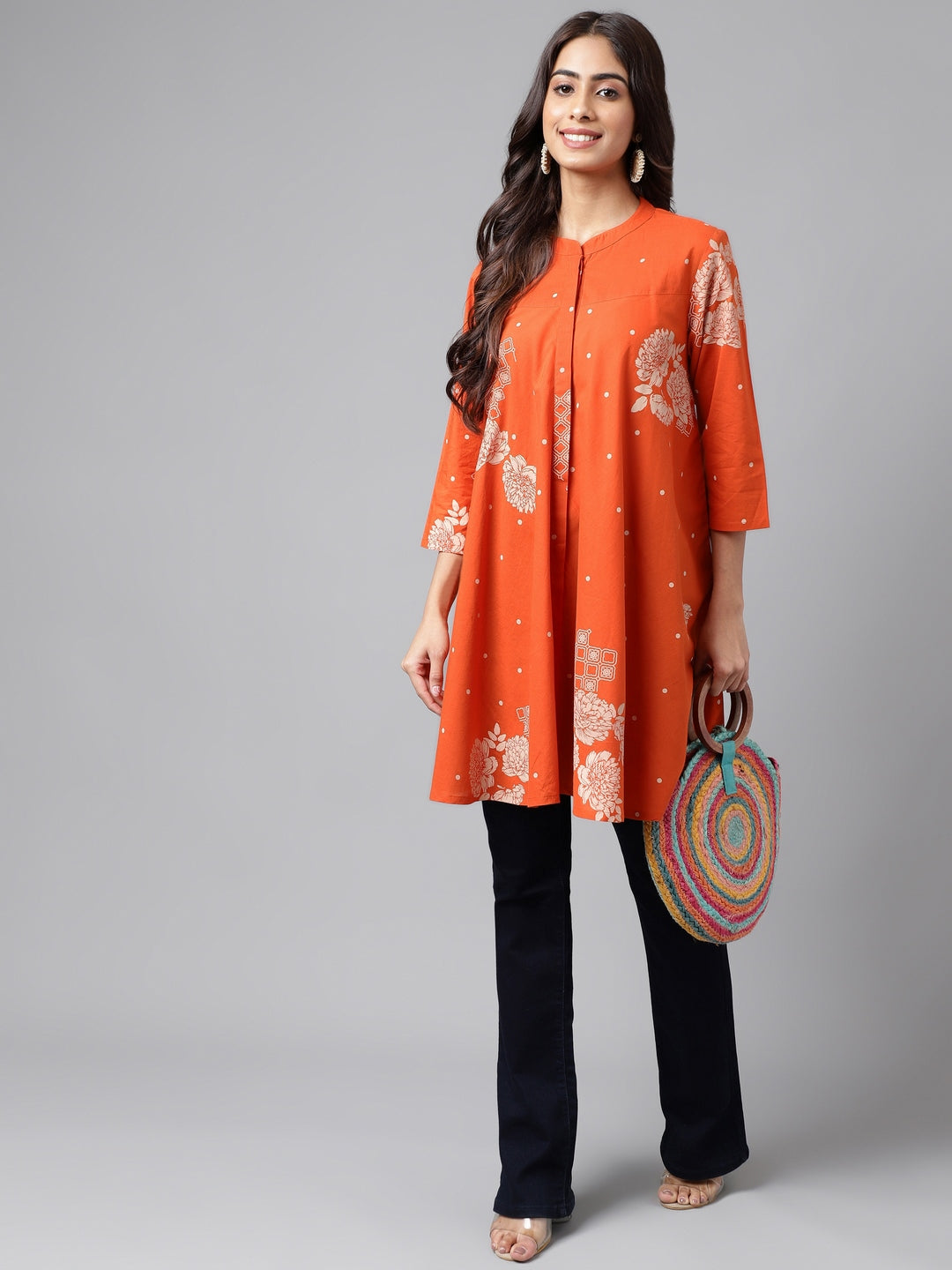 COTTON ORANGE FLORAL PRINTED TUNIC