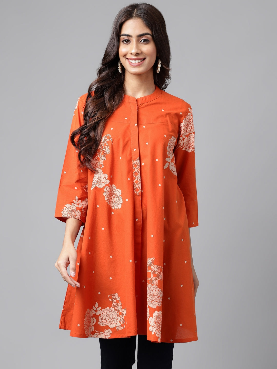 COTTON ORANGE FLORAL PRINTED TUNIC