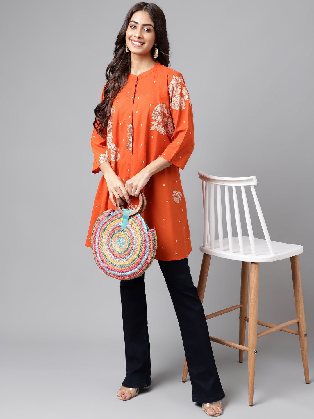 COTTON ORANGE FLORAL PRINTED TUNIC