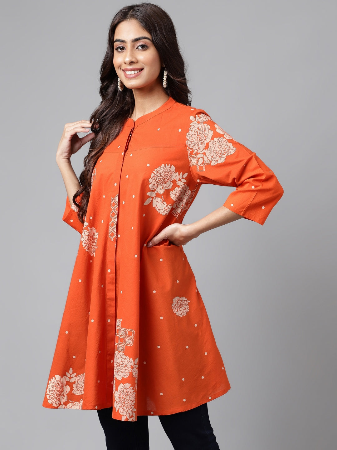 COTTON ORANGE FLORAL PRINTED TUNIC