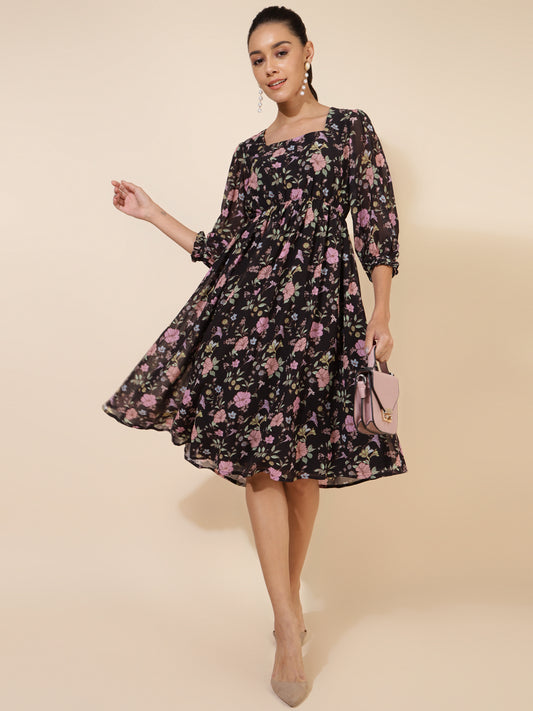 BLACK GEORGETTE FLORAL PRINTED FLARED DRESS