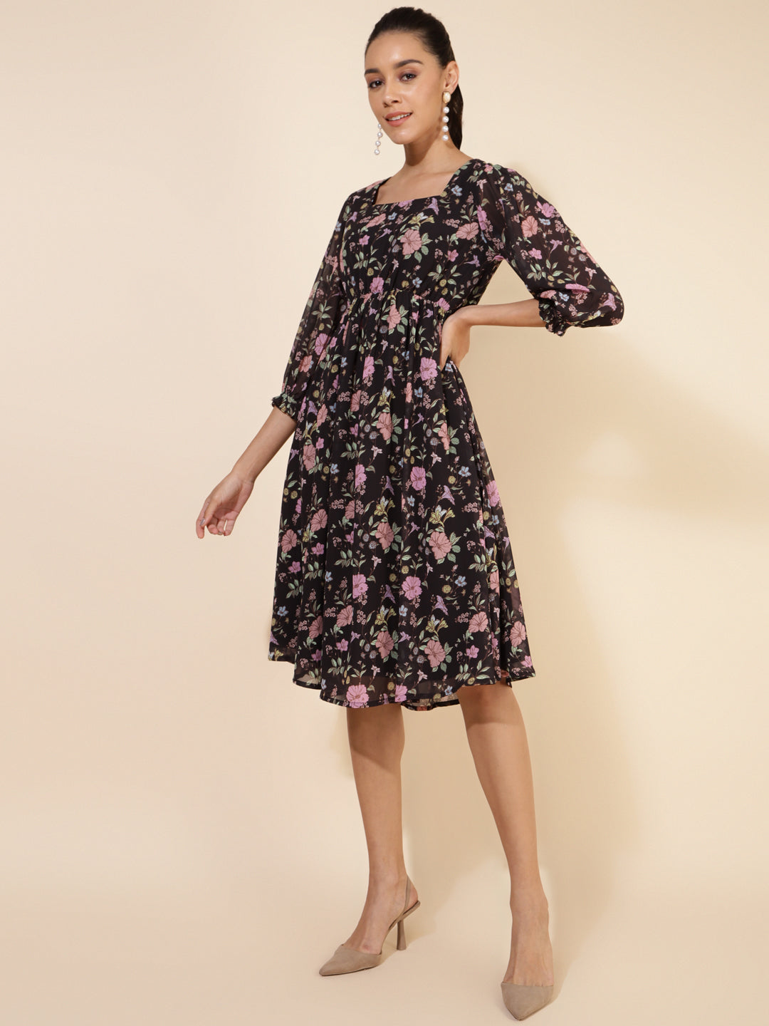 BLACK GEORGETTE FLORAL PRINTED FLARED DRESS