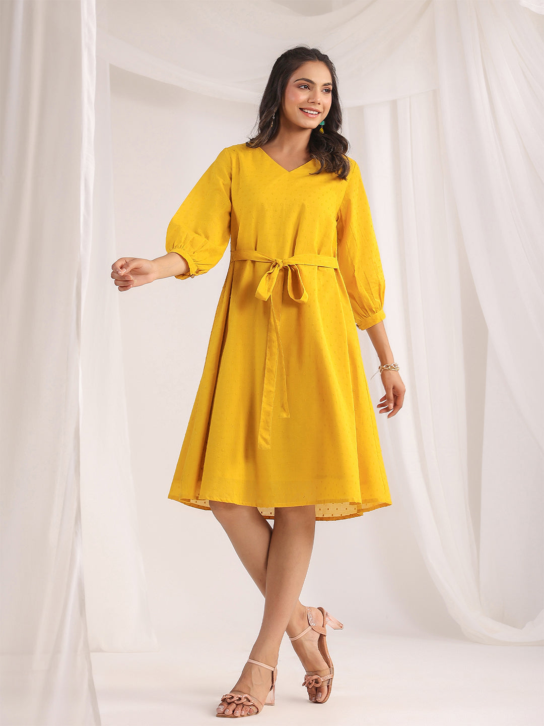 YELLOW DOBBY COTTEN A- LINE DRESS