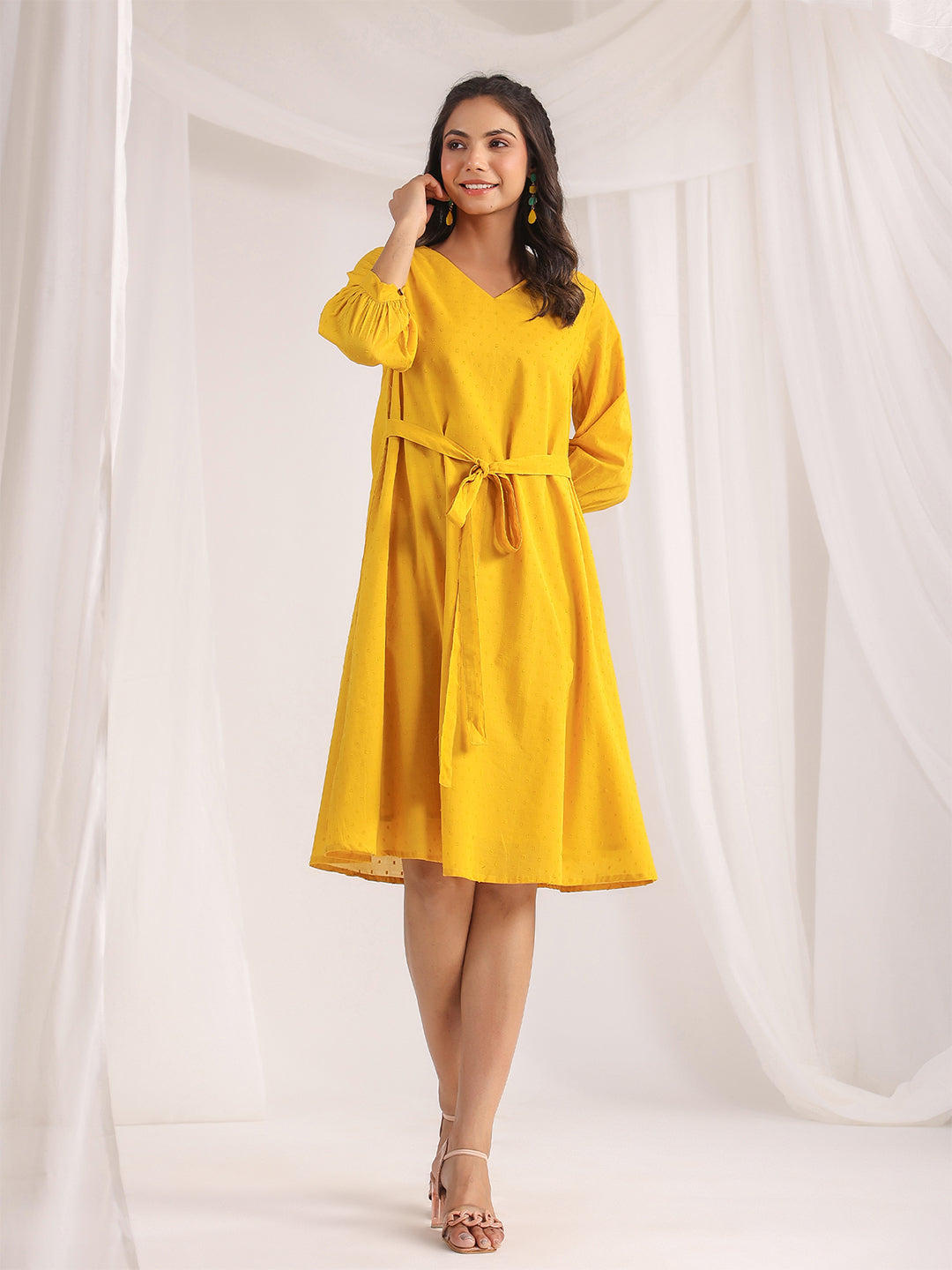 YELLOW DOBBY COTTEN A- LINE DRESS