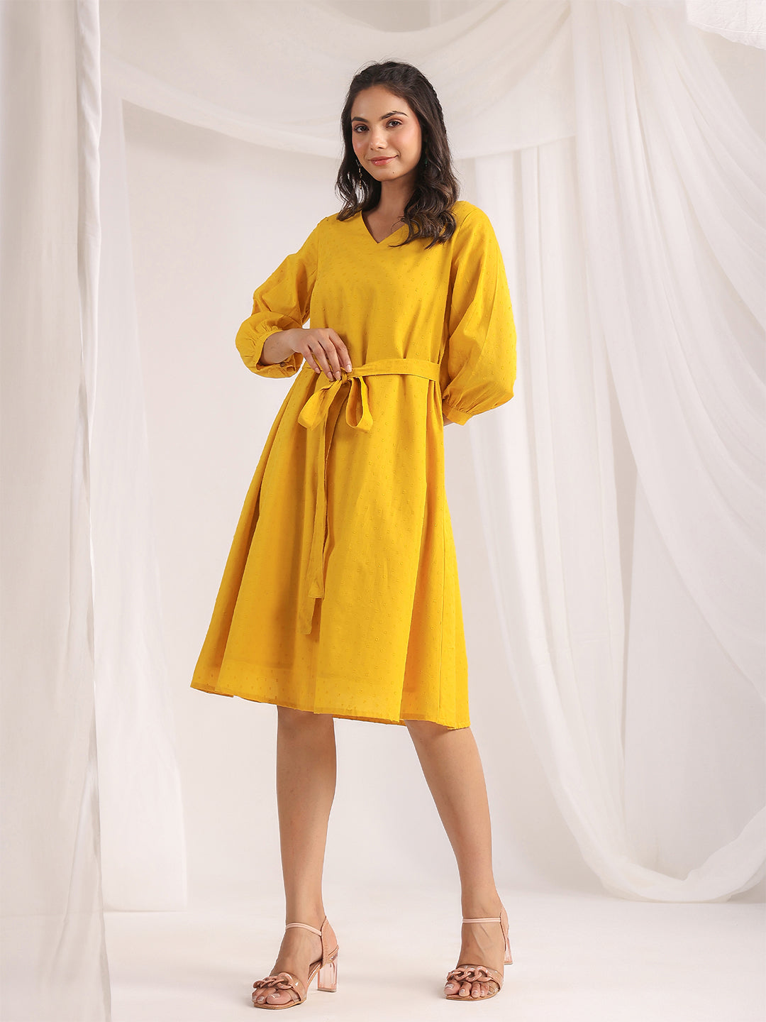 YELLOW DOBBY COTTEN A- LINE DRESS