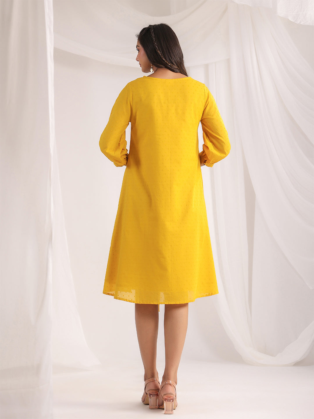 YELLOW DOBBY COTTEN A- LINE DRESS