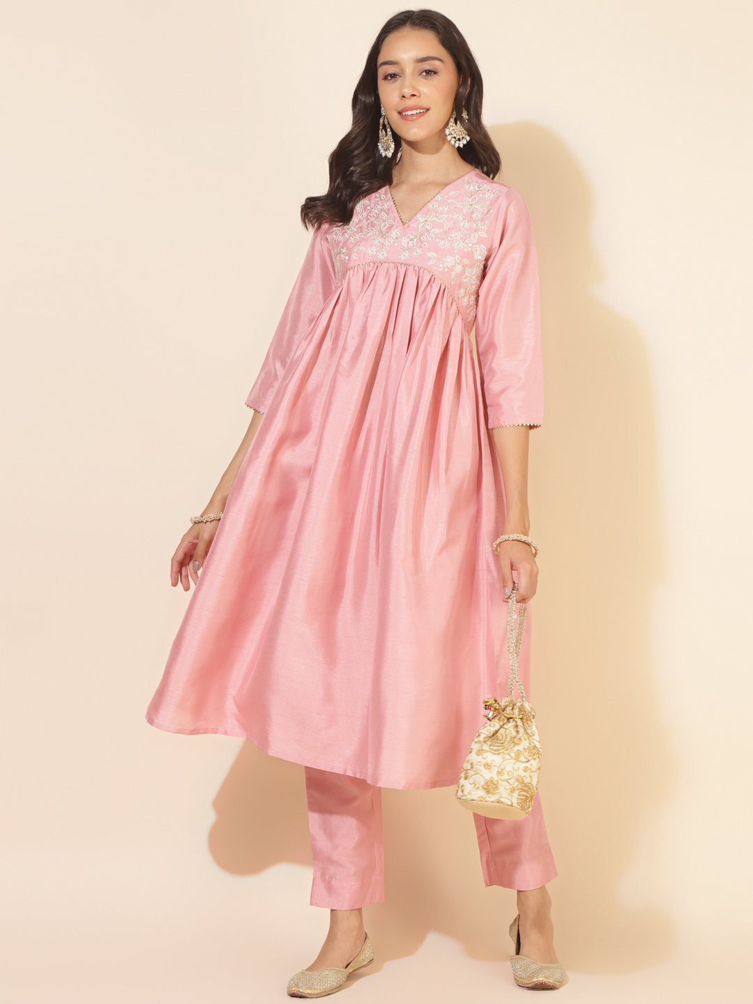 CREPE SILK A-LINE PINK KURTA SET