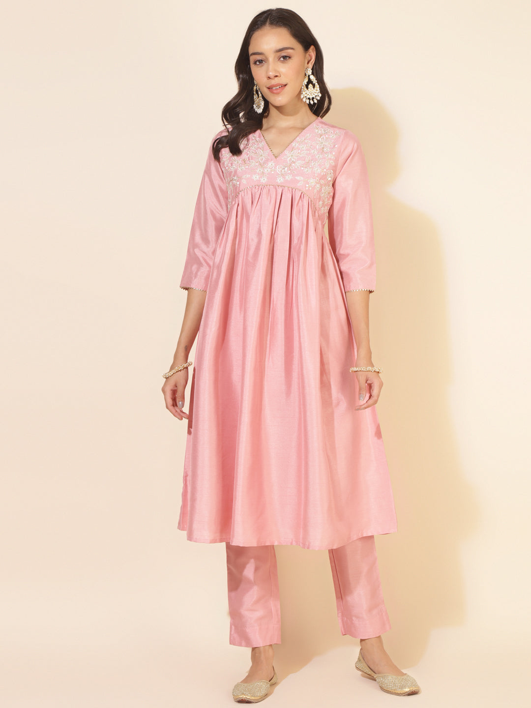 CREPE SILK A-LINE PINK KURTA SET