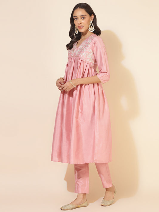 CREPE SILK A-LINE PINK KURTA SET