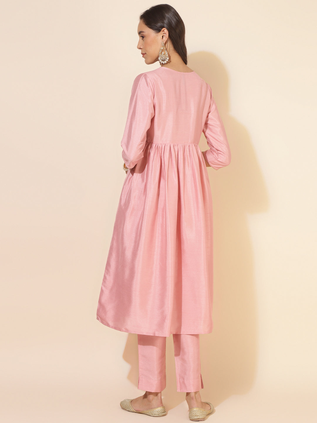 CREPE SILK A-LINE PINK KURTA SET