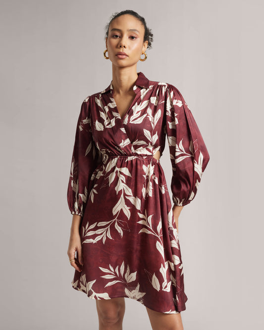 BROWN ABSTRACT PREMIUM SATIN DRESS BY ZACCAI