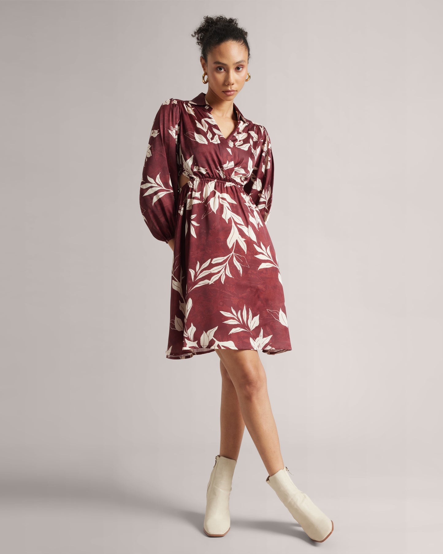 BROWN ABSTRACT PREMIUM SATIN DRESS BY ZACCAI