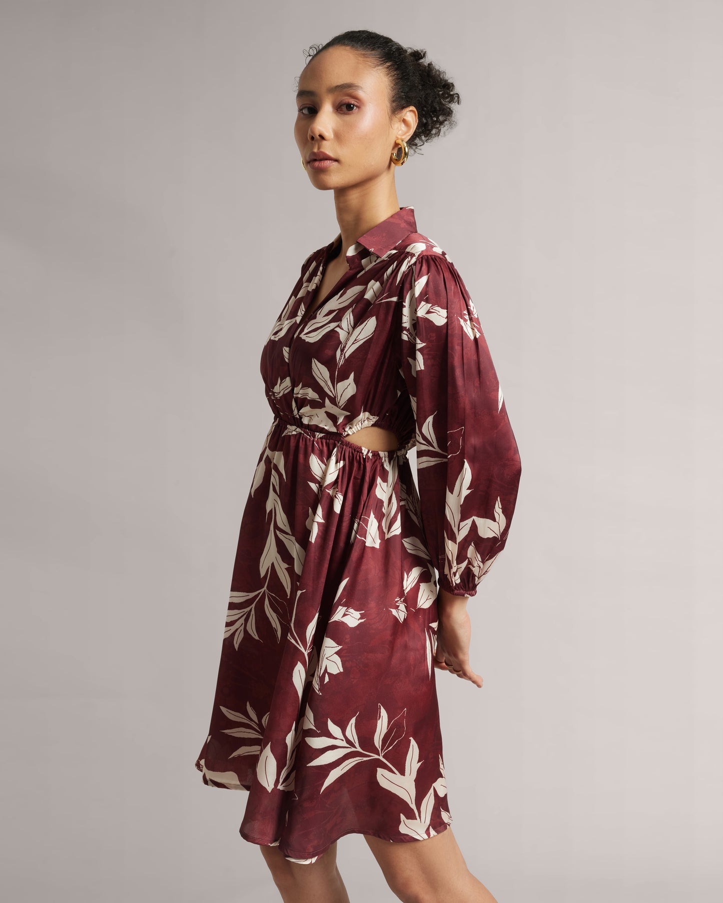 BROWN ABSTRACT PREMIUM SATIN DRESS BY ZACCAI